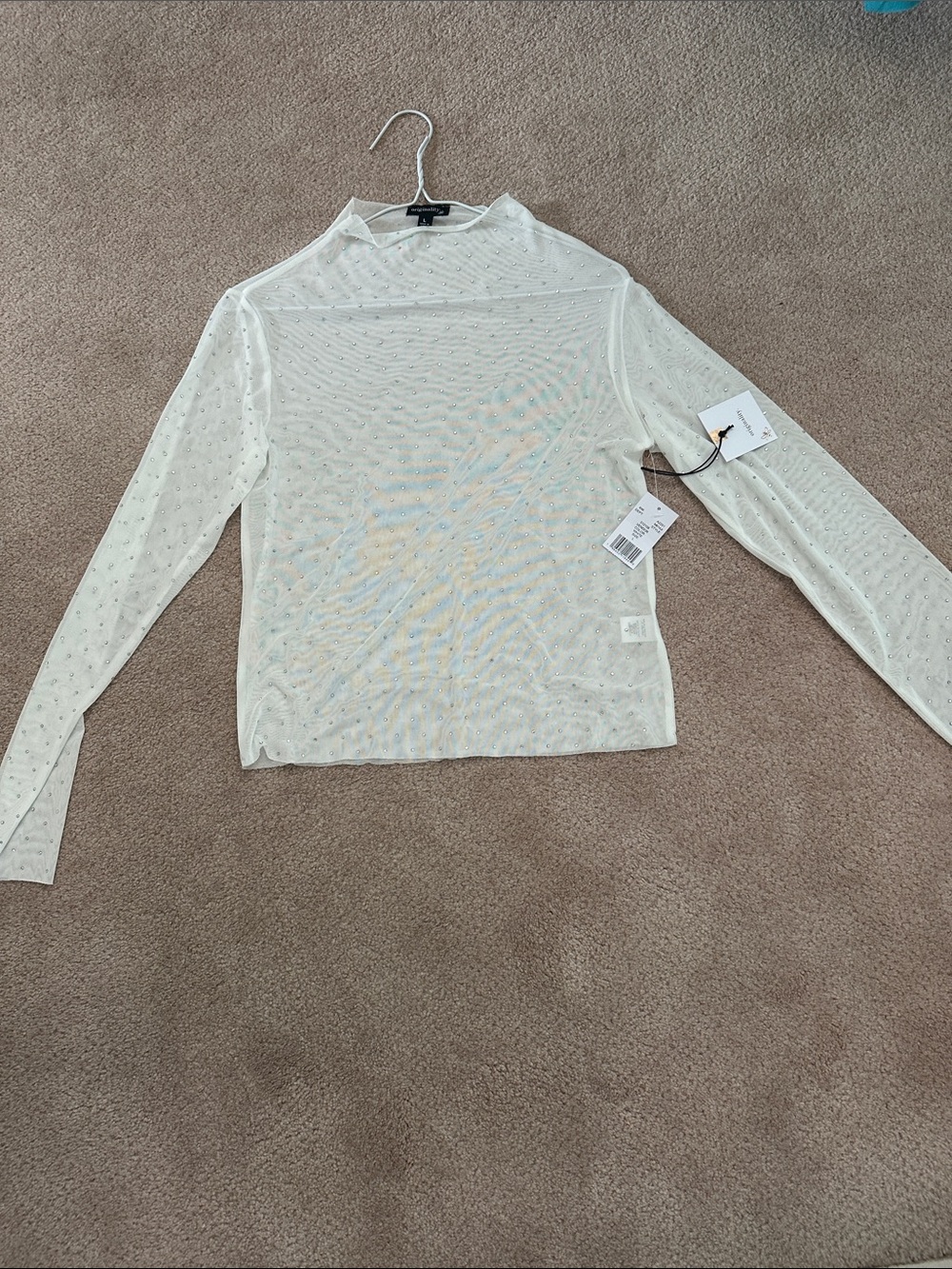 Sheer Long-Sleeve Mesh Top with Sparkle beads -White